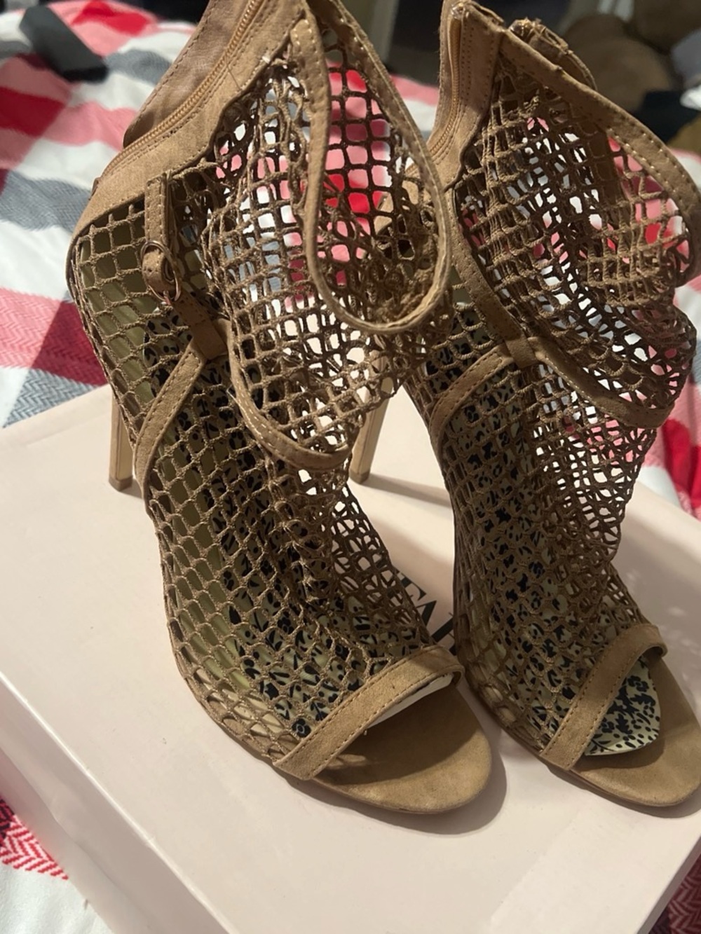 JustFab Tan Mesh Peep-Toe High Heel Booties